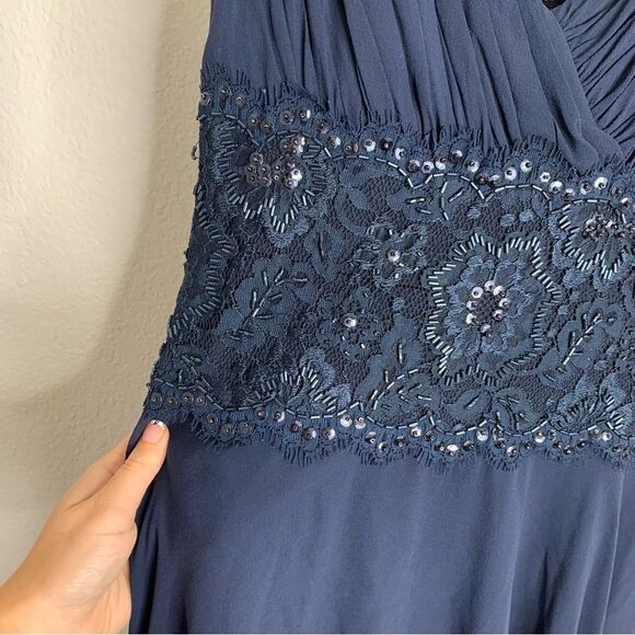 Tadashi Navy Blue Silk Beaded V-Neck Formal Mini Dress Size 4 - Picture 3 of 6